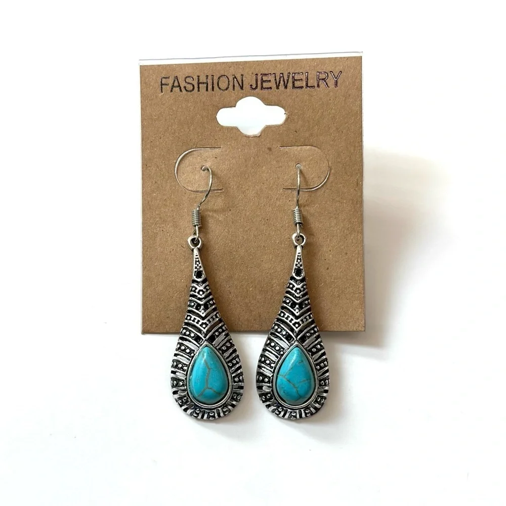 ⭐️ 5 for $25 Semi-precious Stone Antique Teardrop Turquoise & Silver Earrings - Picture 5 of 6